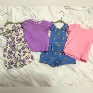 2 adorable pairs of overalls. Cute for matching. Easy diaper changing snaps. 9MS